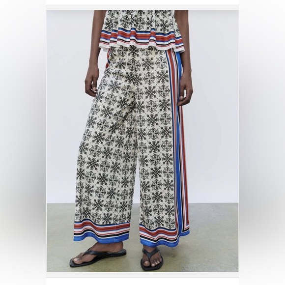 Zara Scarf Print Black and White Wide Leg Palazzo Pants L - Picture 1 of 5